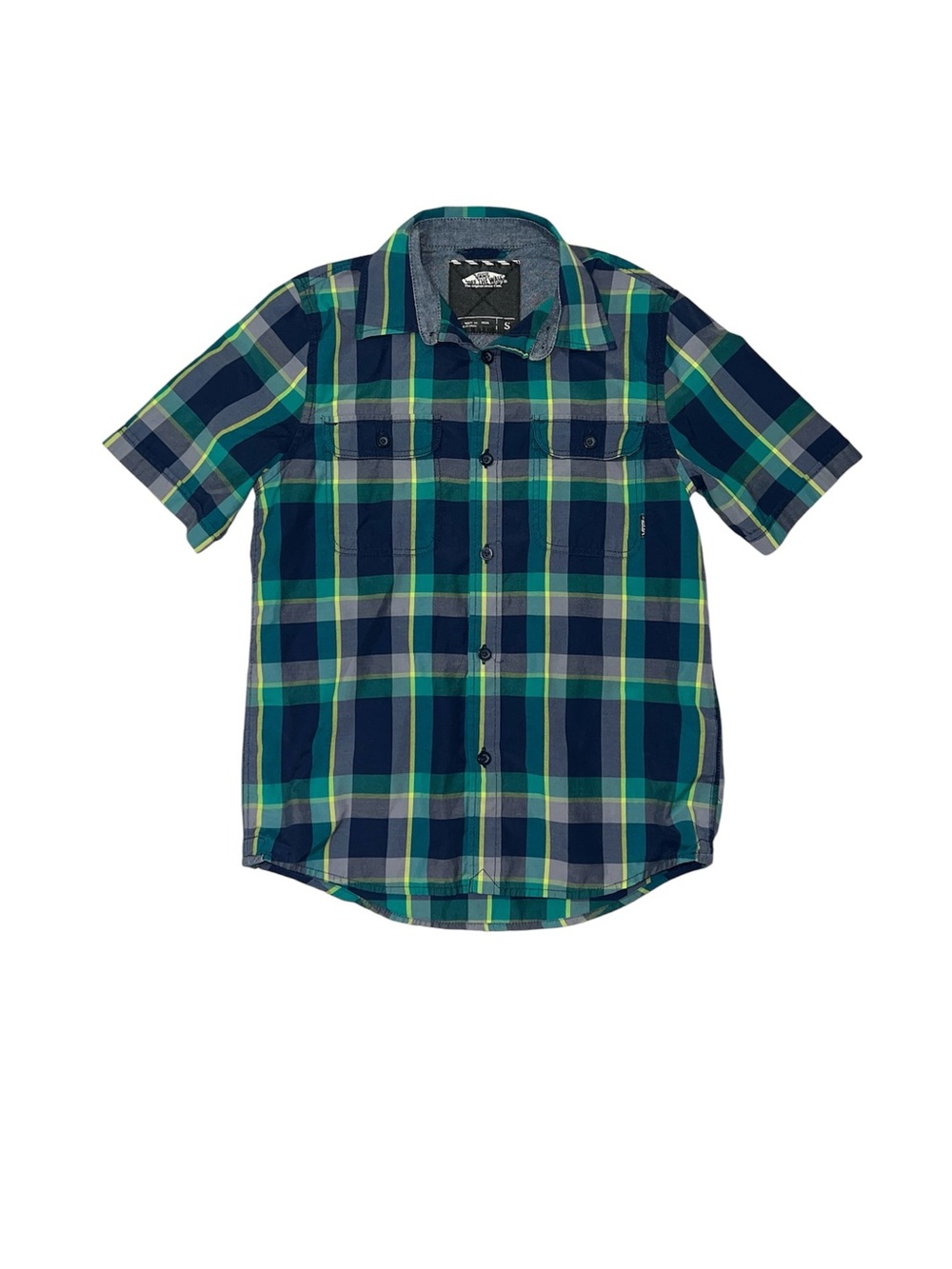 Vans Plaid Button-up Shirt Kids Boys Size Small Blue, Turquoise & Yellow